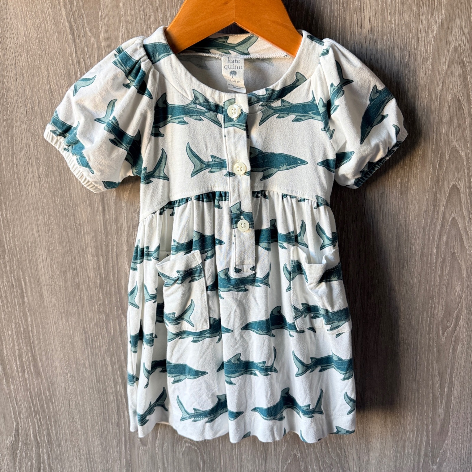 Kate Quinn Shark Print Dress Girl 12-18m White Bamboo Coastal Nautical Fisherman